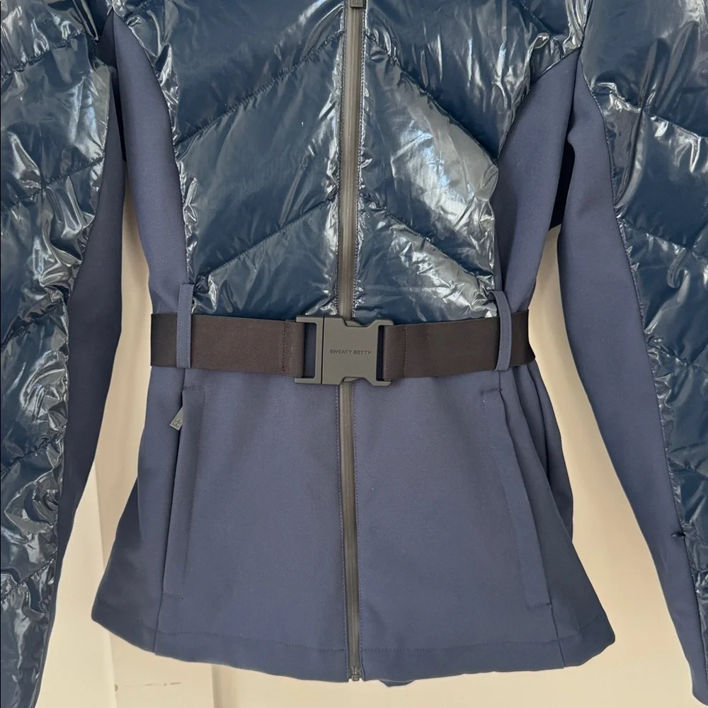 Sweaty Betty Navy Quilted Ski Jacket with Faux-Fur Hood